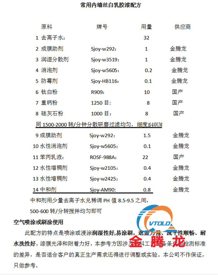 常用內墻絲白乳膠漆配方
