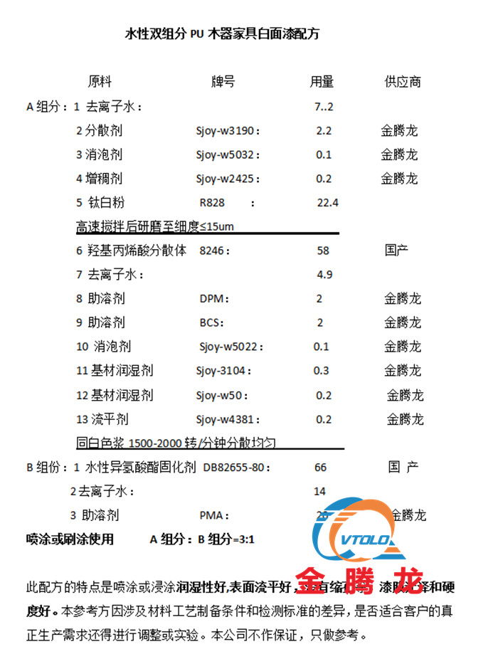 水性雙組分PU木器家具白面漆配方